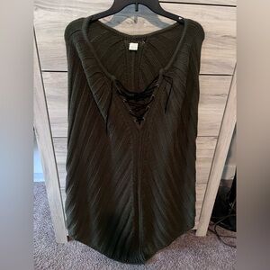 Dark Green Knit Poncho with Lace-Up Detail